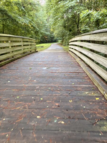 A wooden bridge along a greenway path.